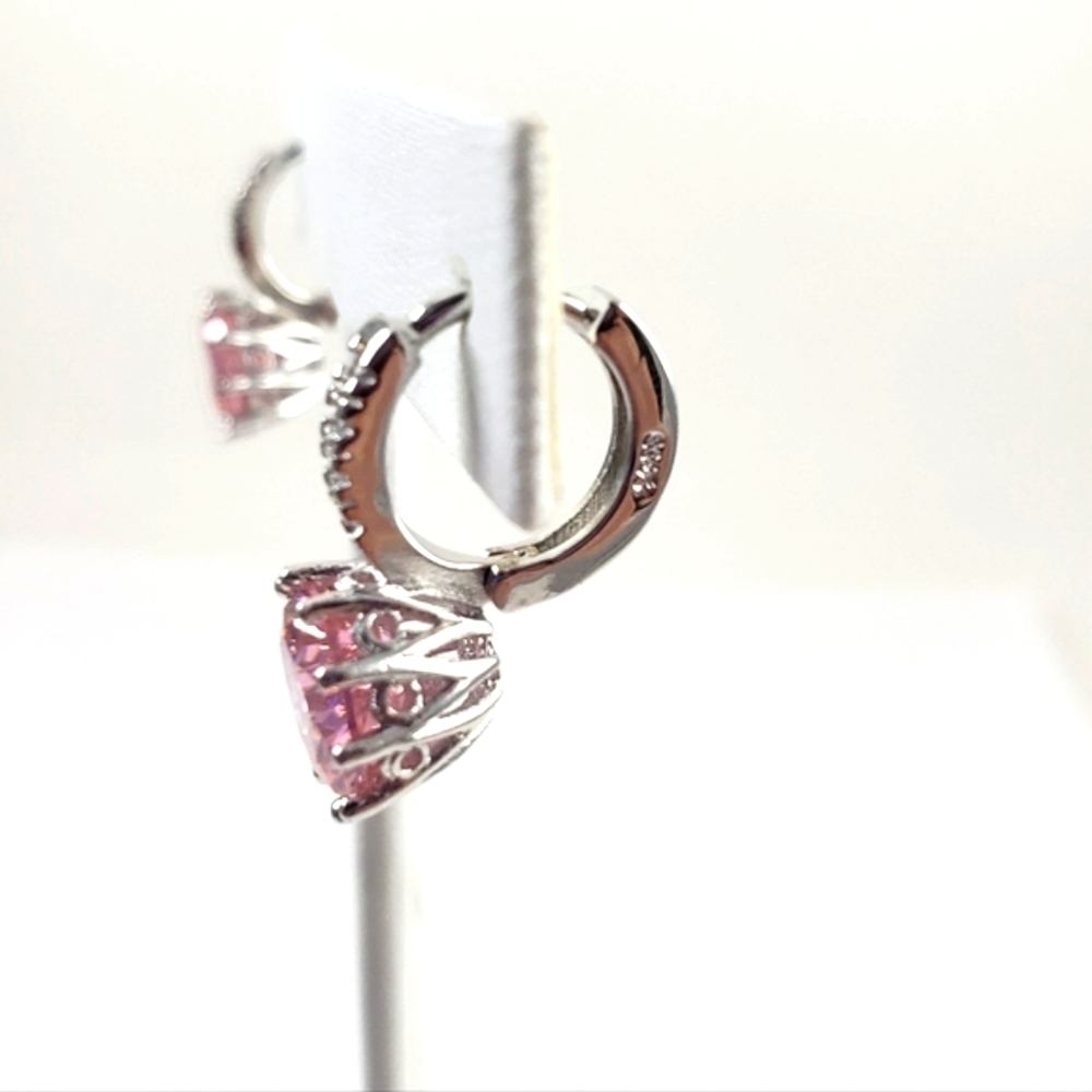 Sterling Silver Pink Dangle Earrings Lever back CZ earrings prong set filigree - Picture 4 of 5